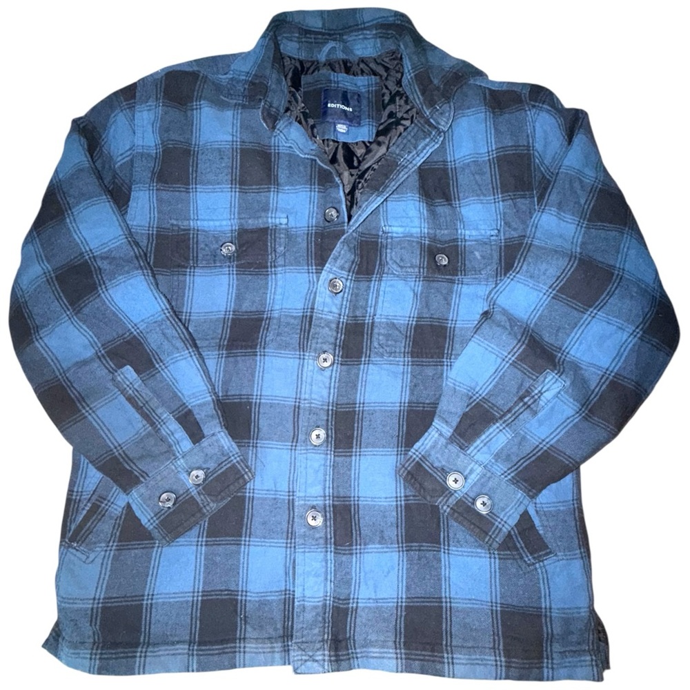 Basic Editions Blue and Black Plaid Casual Button Down Shirt